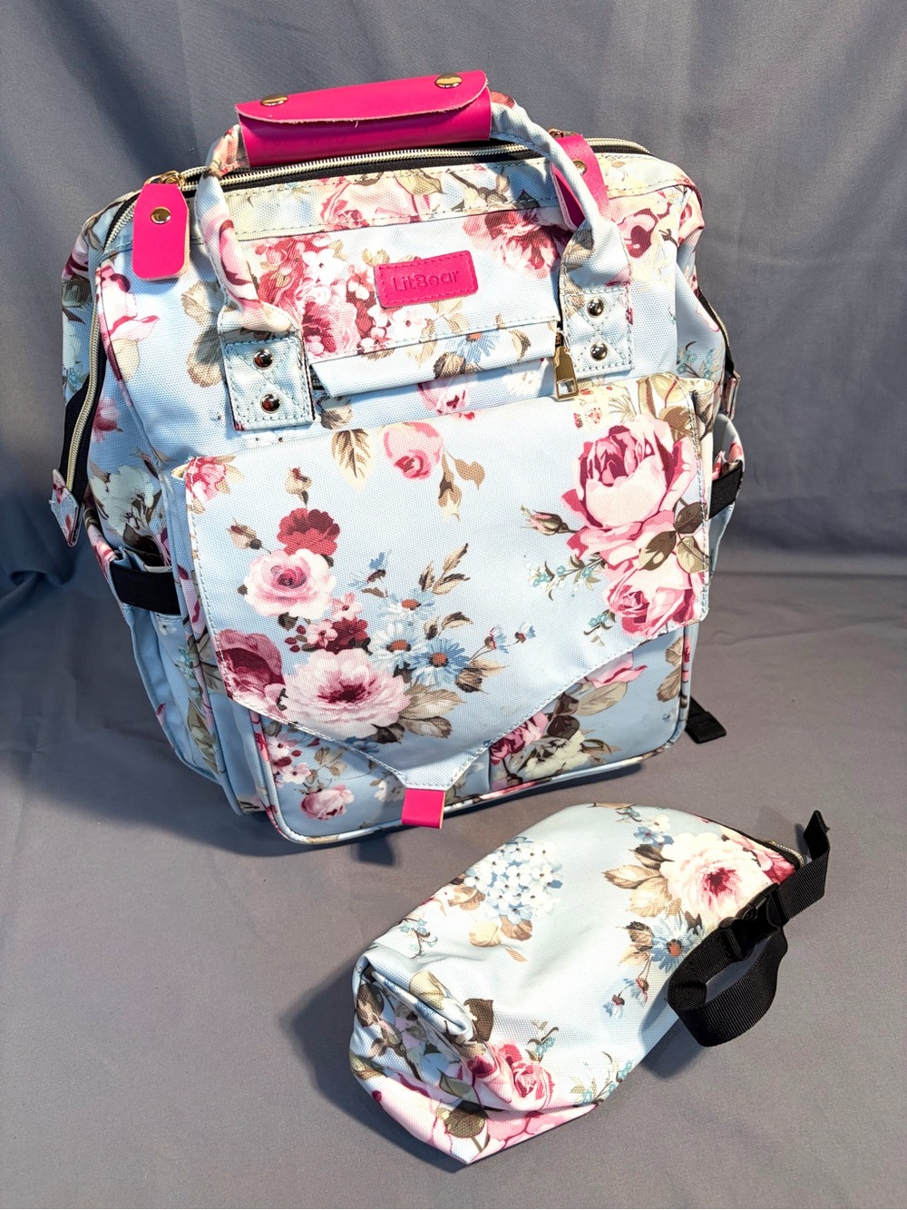 Floral Light Blue & Pink Backpack with Matching Bottle Holder